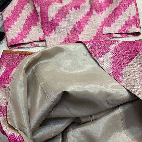 MORGAN CARPER Nomad Pink/Cream Raw Silk Cut Out Dress Lamb Leather Trim - Picture 15 of 16